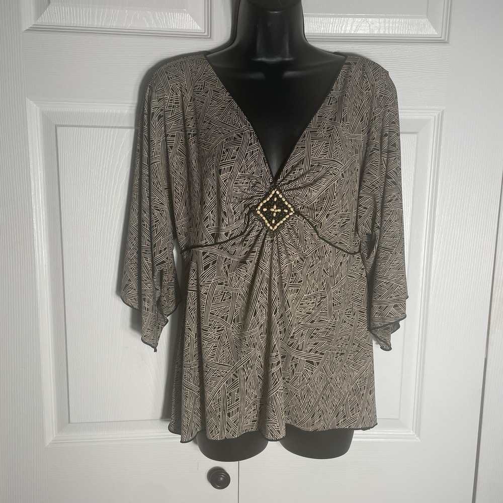 Vintage Max Studio Y2K Babydoll Shirt Women L Brown Geometric Beaded Detail Top
